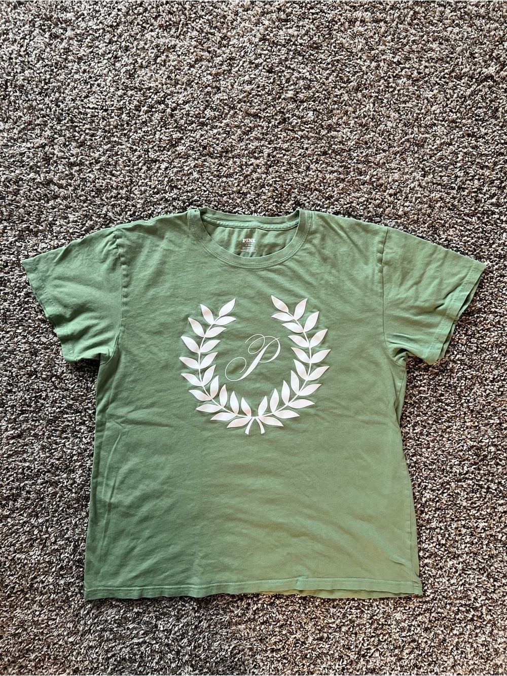 Pink Victoria Secret Green Graphic Tee with White Laurel Crest